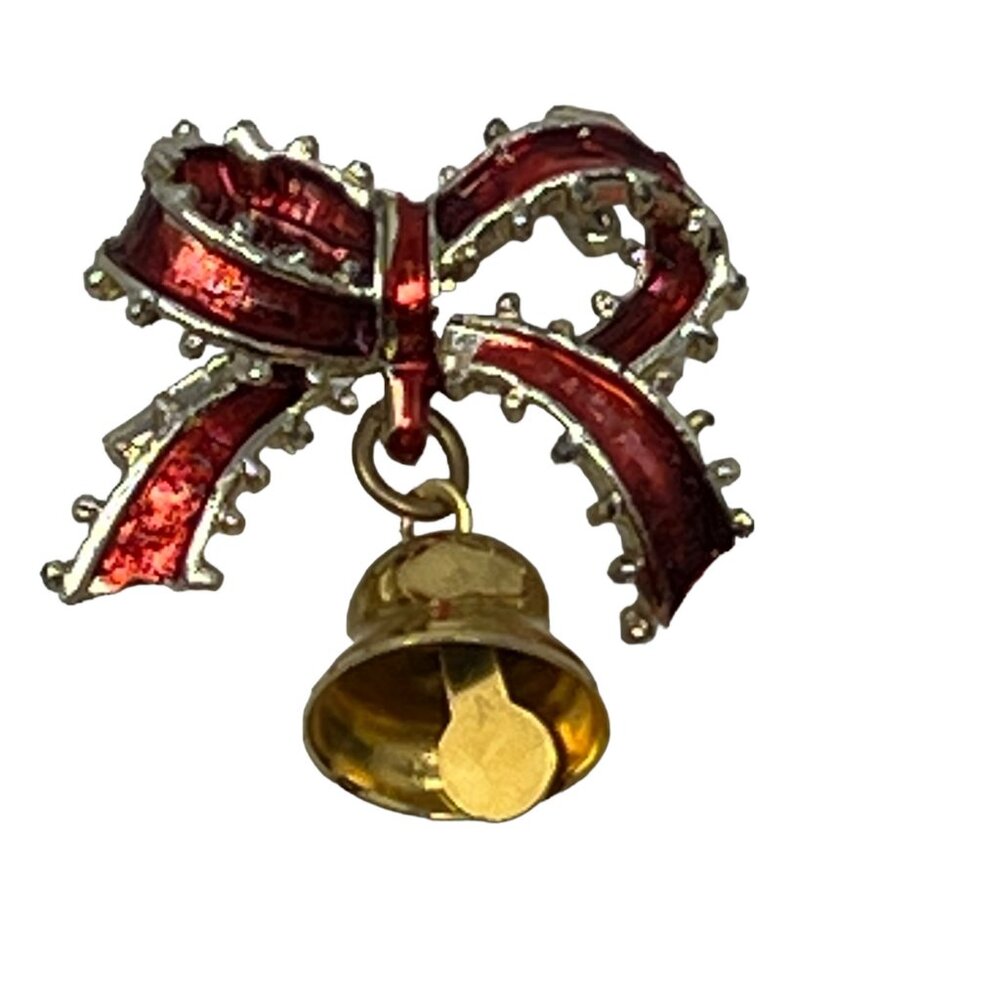 Red Enamel Bow Silver Tone Brooch with Dangle Bell‎ in Gold Tone Vintage Pin
